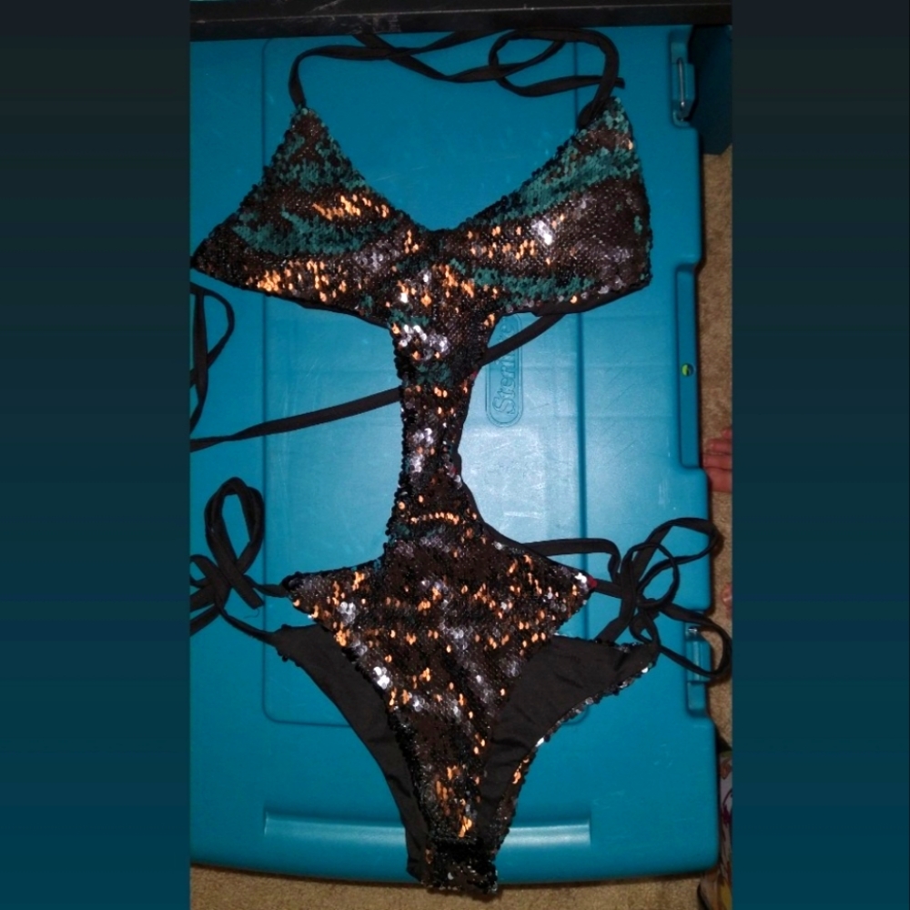 Bodysuit w/ silver/black sequin embroidery